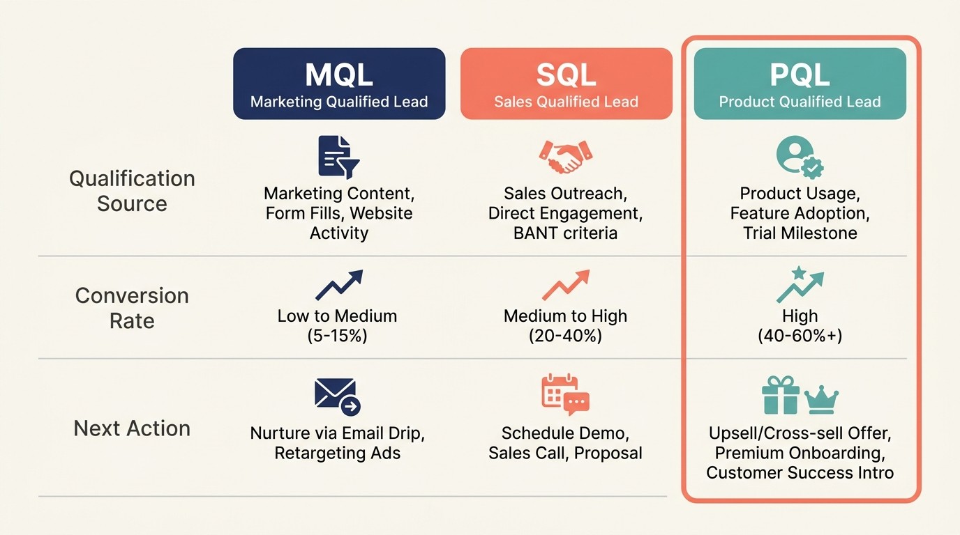 Comparison of product qualified leads vs marketing and sales qualified leads