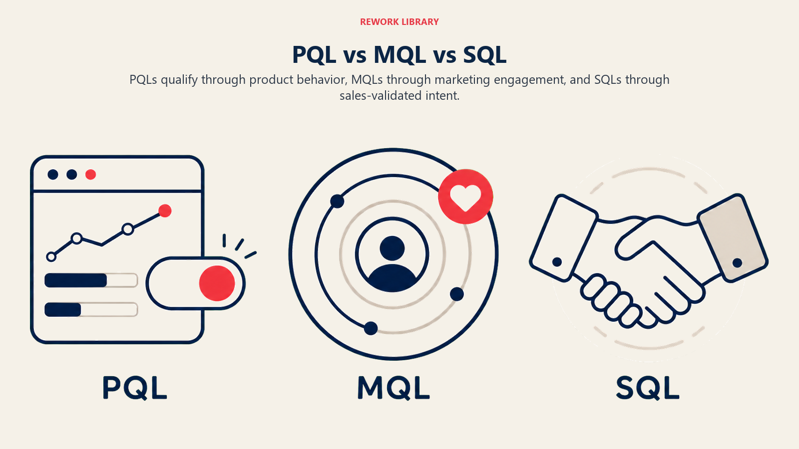 PQL vs MQL vs SQL illustrated with three balanced qualification mechanisms: product switch, engagement signal, and sales handshake