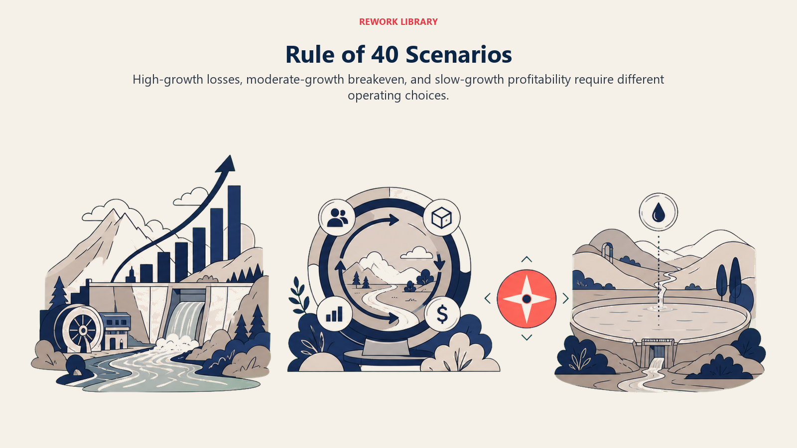 Rule of 40 Scenarios shown as three scenario landscapes in a Rework Library editorial illustration