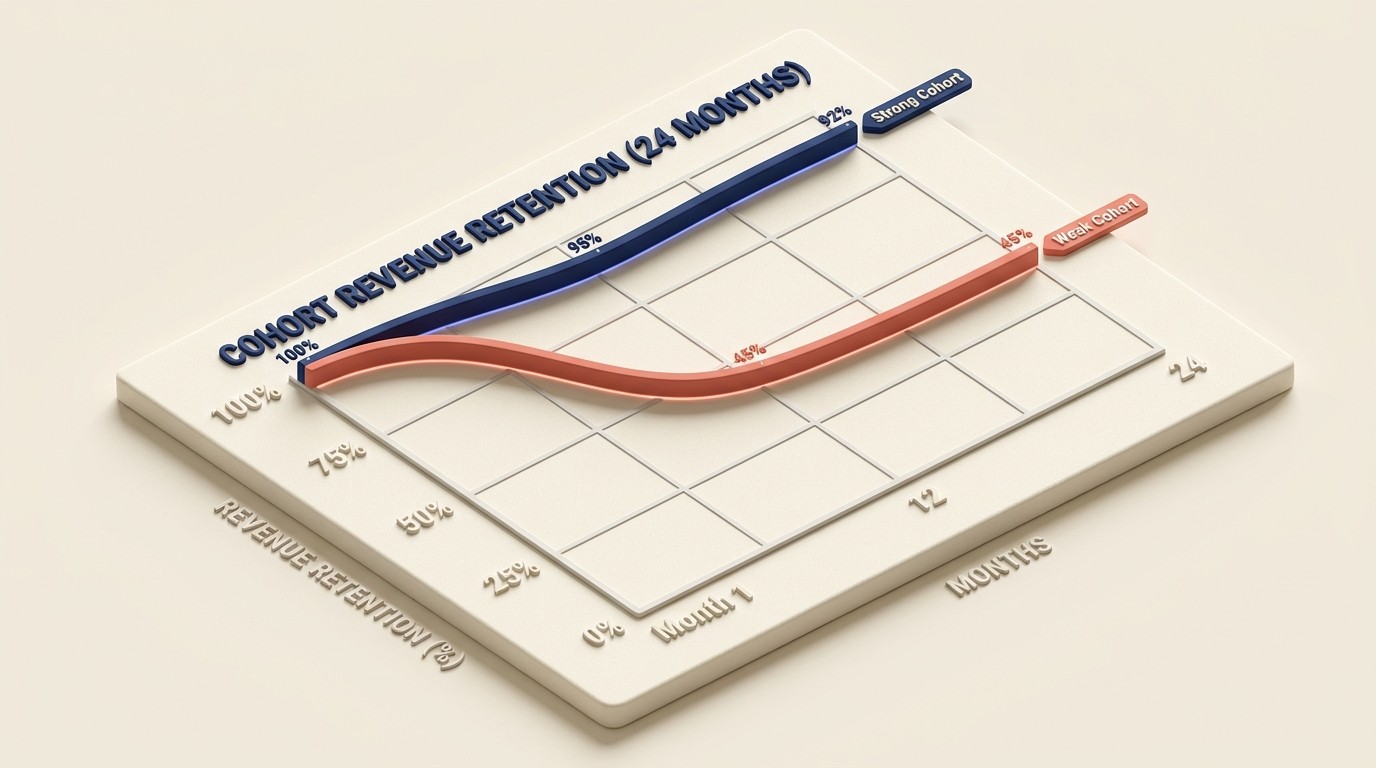 Cohort analysis curves showing retention, expansion, and profitability over time