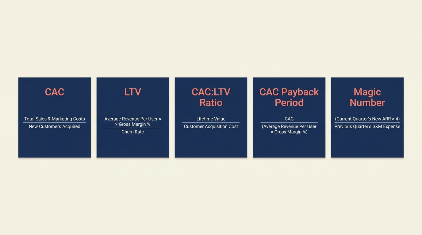 The five critical SaaS metrics: CAC, LTV, CAC:LTV ratio, payback period, magic number