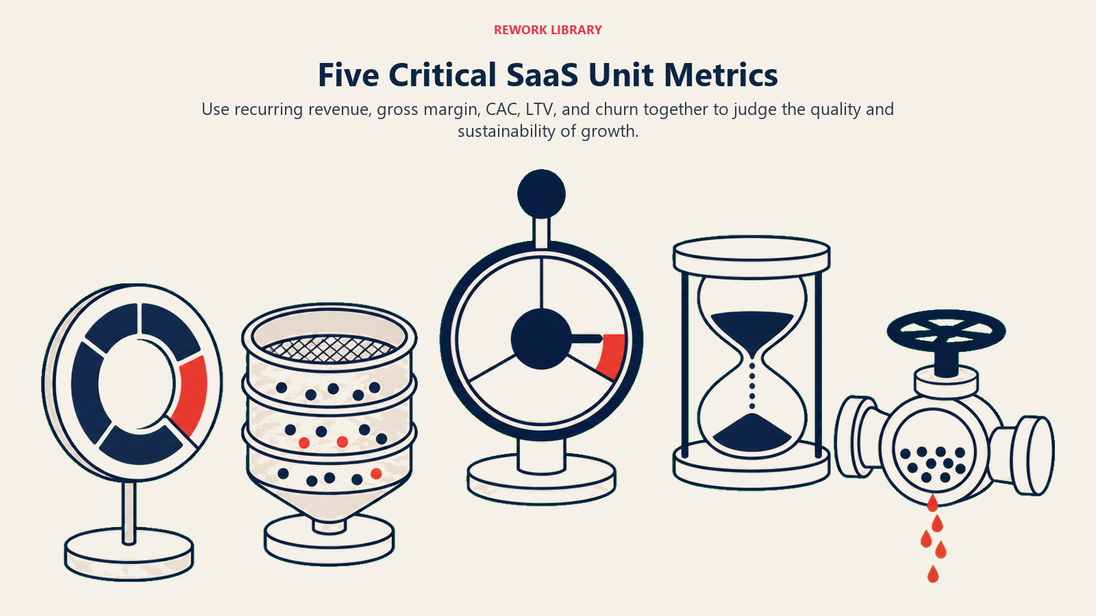 Five Critical SaaS Unit Metrics illustrated with five distinct metric instruments in Rework editorial style