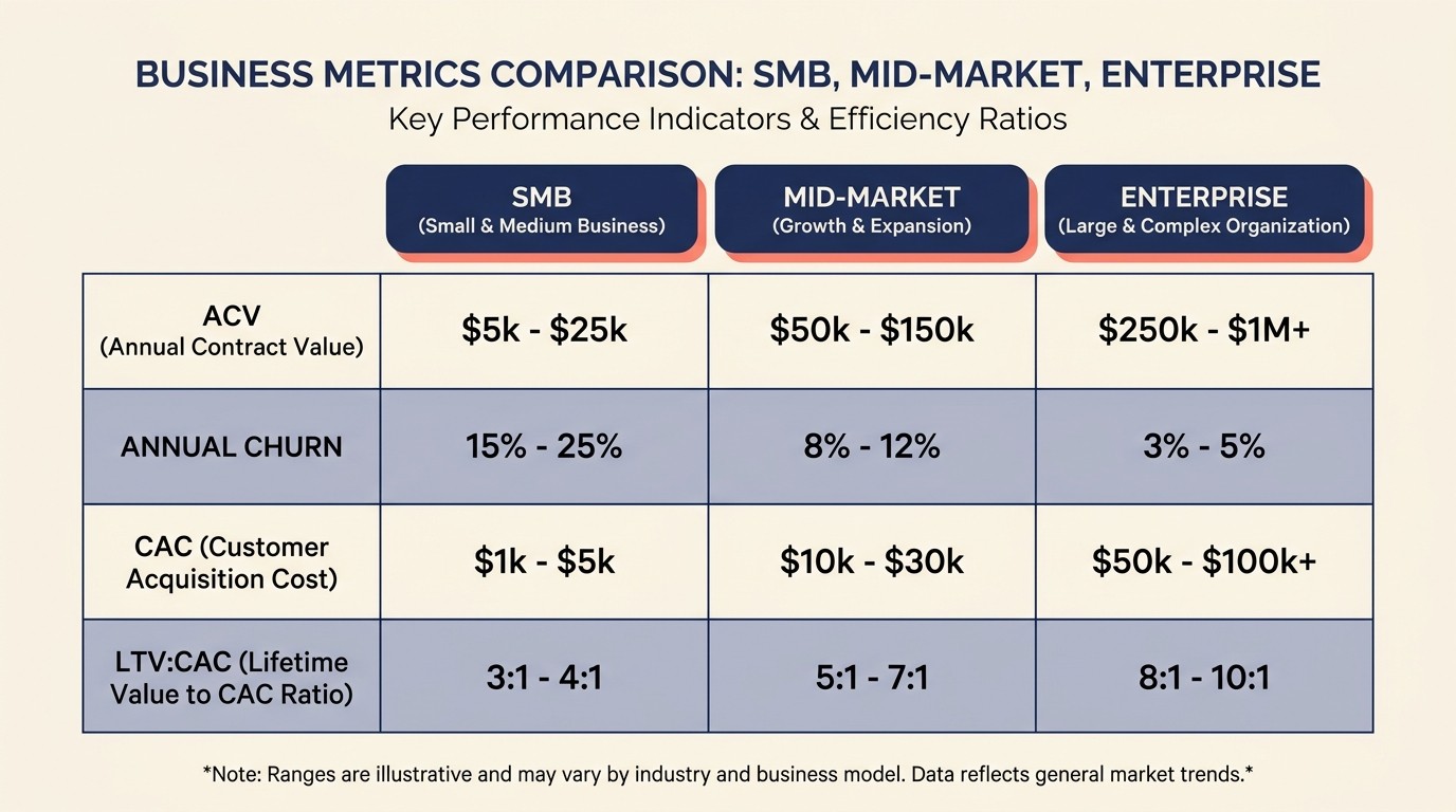 Unit economics comparison across SMB, mid-market, and enterprise segments
