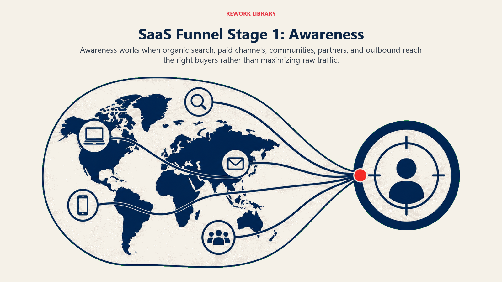 SaaS Funnel Stage 1: Awareness illustrated with five-channel reach map