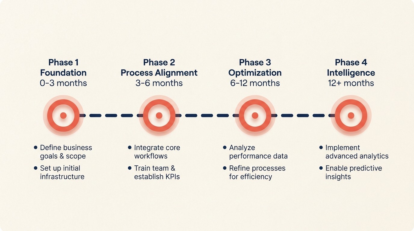 RevOps implementation roadmap across four phases over 12-24 months