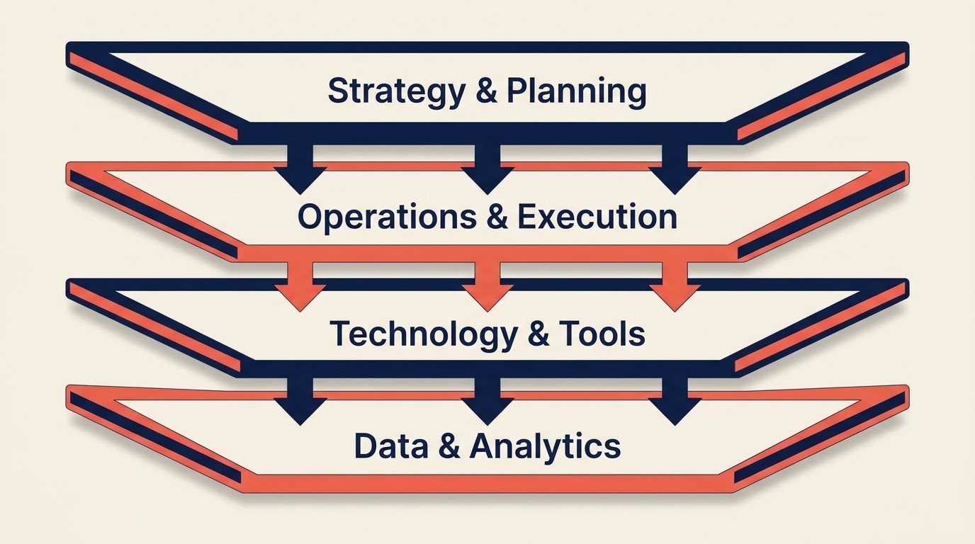 Four-layer RevOps operating model: strategy, operations, technology, and data