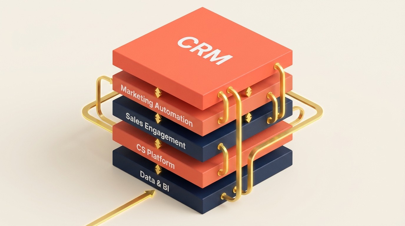 RevOps technology stack with CRM, marketing automation, sales engagement, and analytics layers