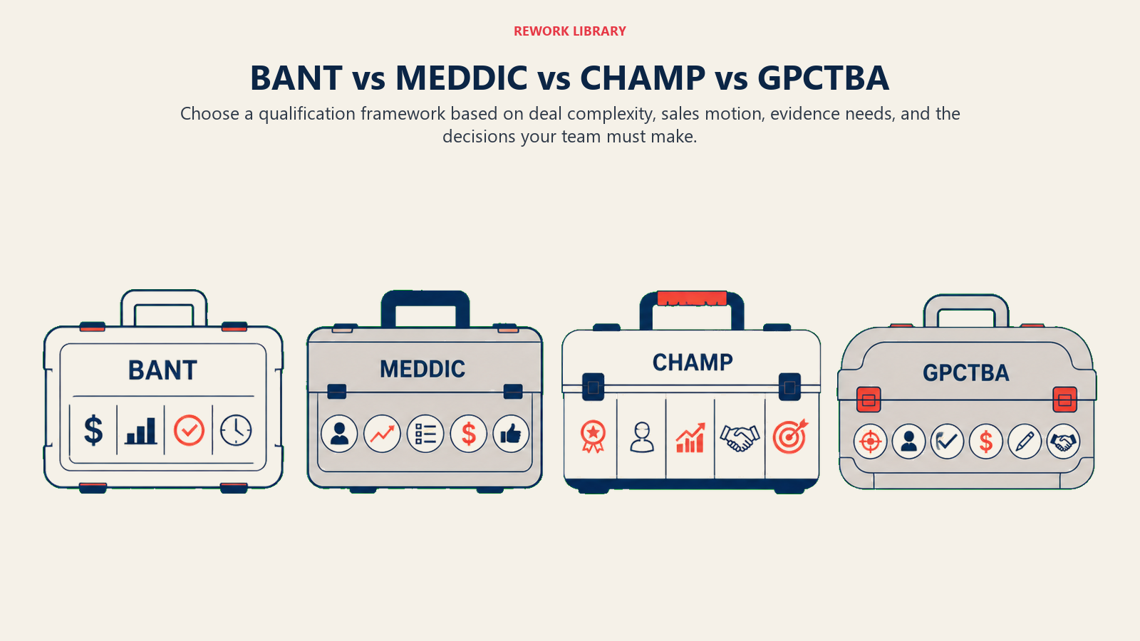 BANT vs MEDDIC vs CHAMP vs GPCTBA illustrated with a wide direct comparison of four distinct toolkit cases representing BANT, MEDDIC, CHAMP, and GPCTBA, with sparse exact acronym labels only
