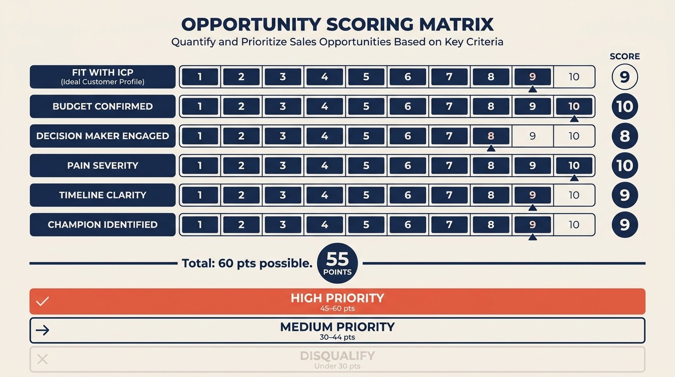 Opportunity scoring framework and red flags for disqualifying weak sales deals