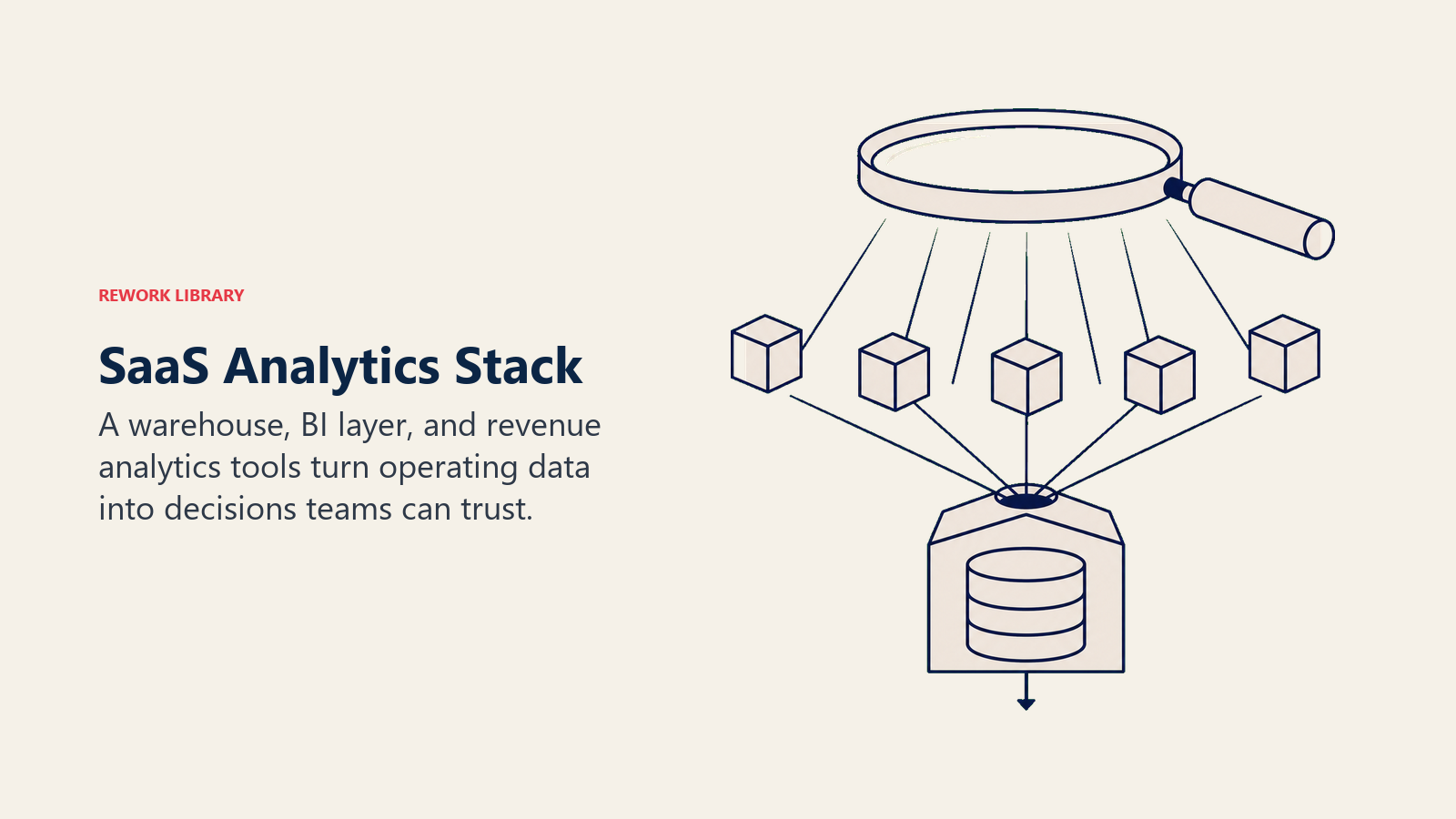 SaaS Analytics Stack illustrated with a clear observation lens above a compact data warehouse, focusing several raw blocks into one coral decision signal