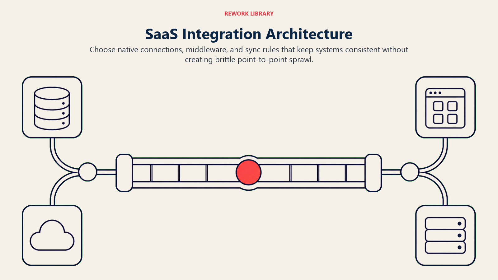 SaaS Integration Architecture illustrated with a wide integration bridge with a stable central spine connecting distinct systems through controlled junctions, avoiding a tangled mesh