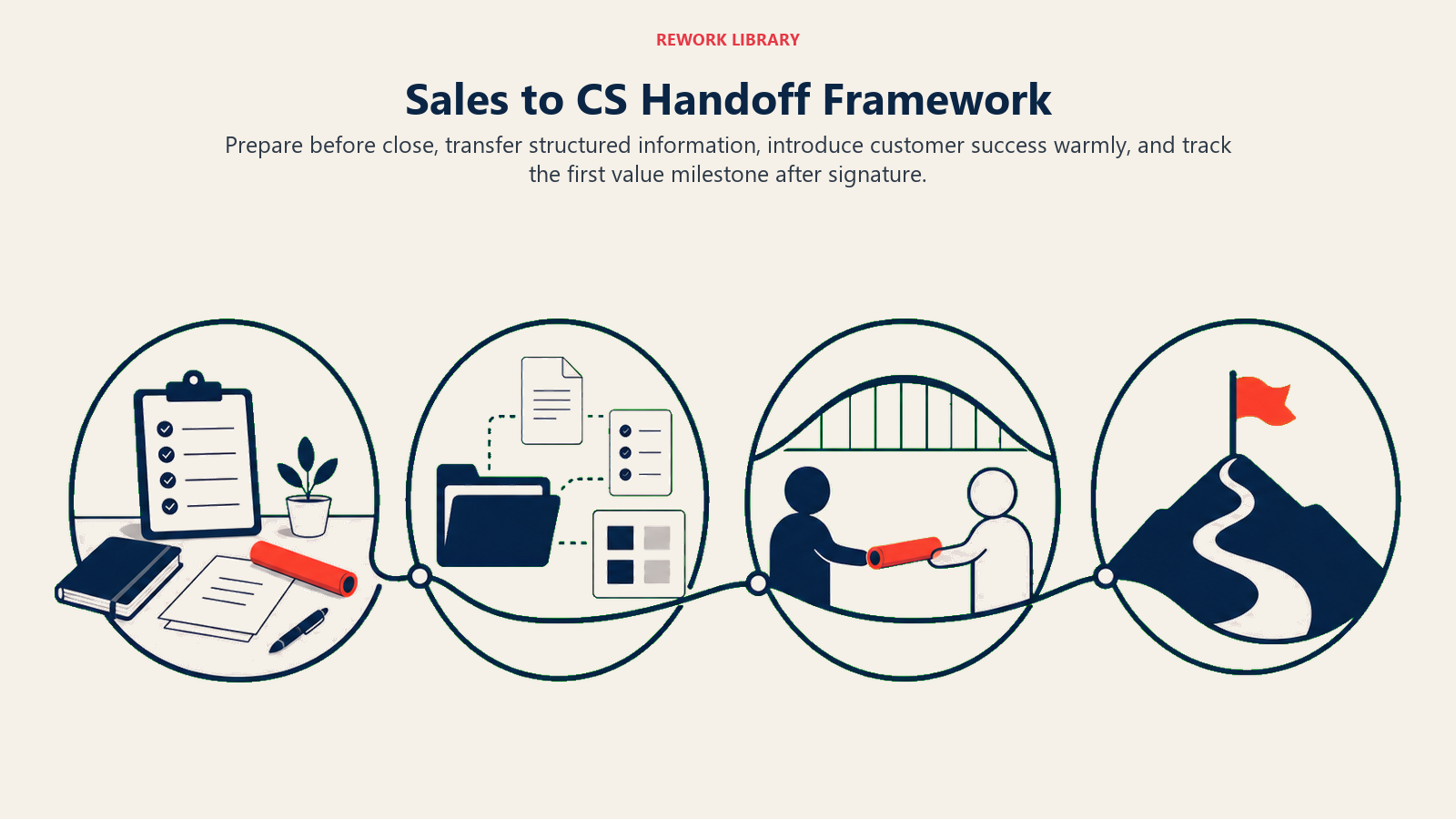 Sales to CS Handoff Framework illustrated with a four-stage handoff route from pre-close preparation to first value