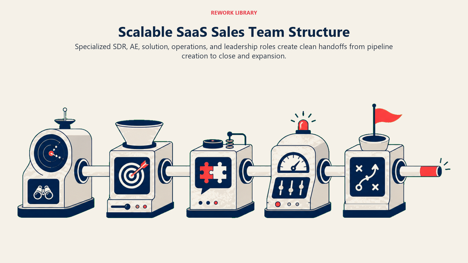 Scalable SaaS Sales Team Structure illustrated with a modular sales relay with specialized stations and clean handoff sockets