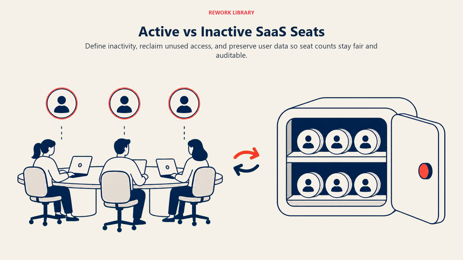 Active vs Inactive SaaS Seats illustrated with a wide direct comparison between illuminated active seats and archived inactive seats