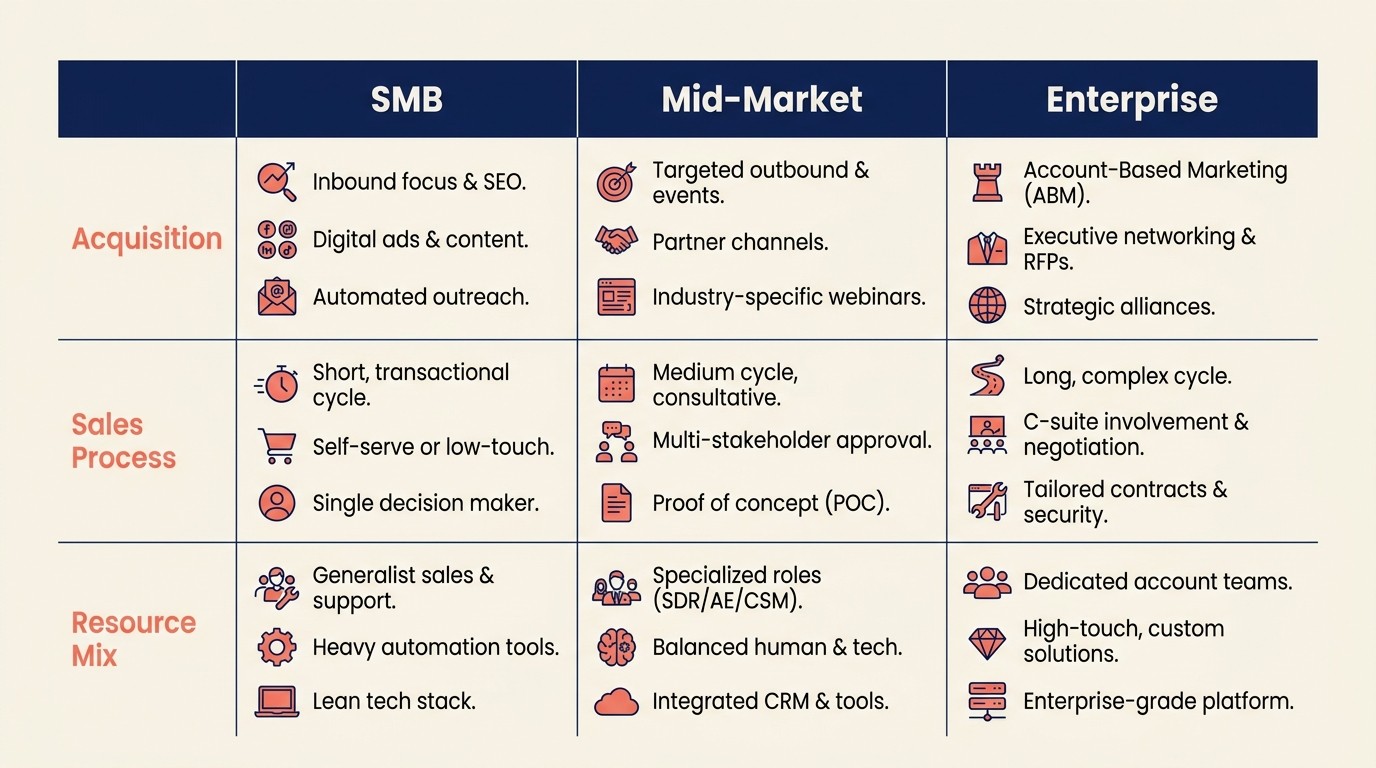 Motion mapping matrix across acquisition channels, sales process, resource allocation, and tech stack by segment