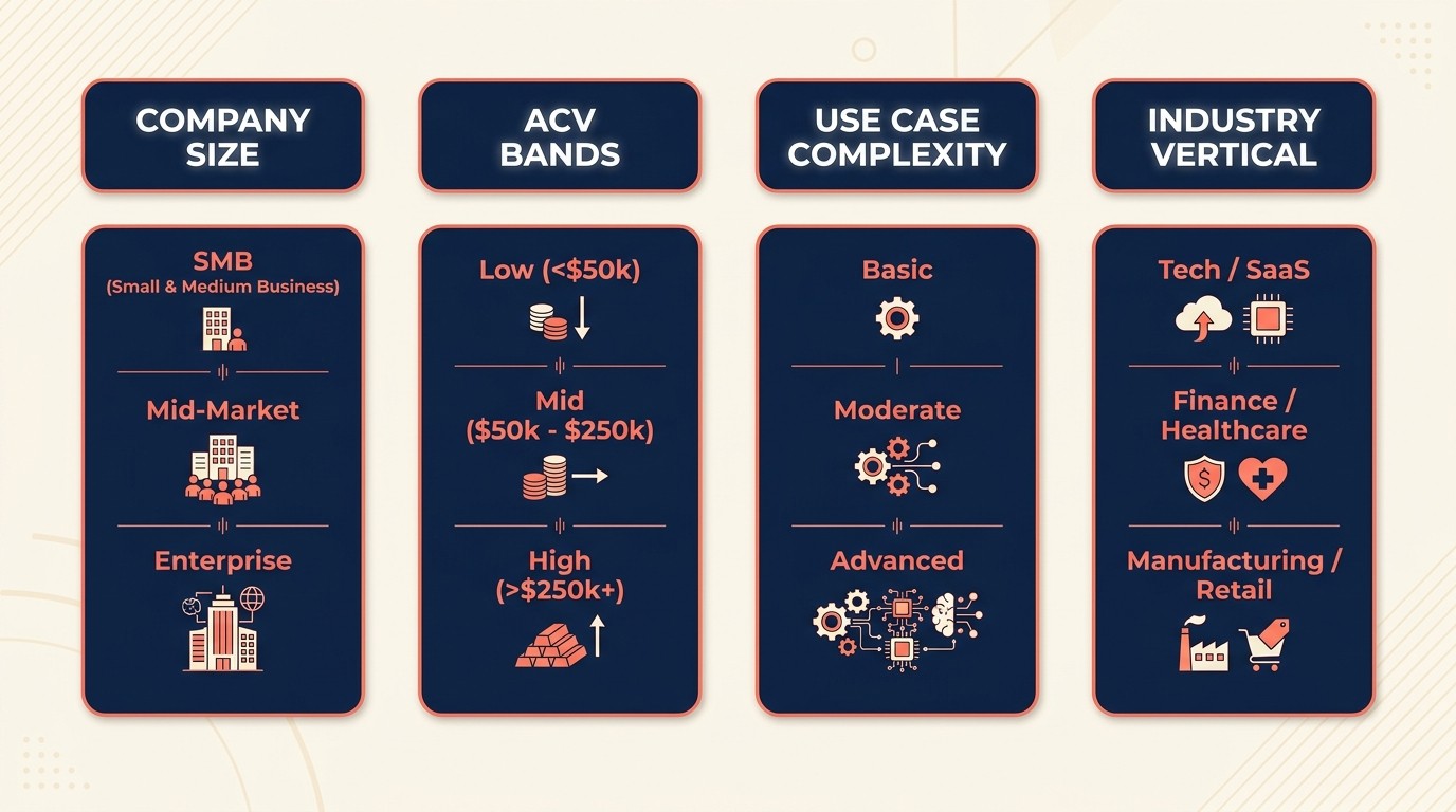 Customer segmentation models including company size, ACV bands, use case complexity, vertical, and geography