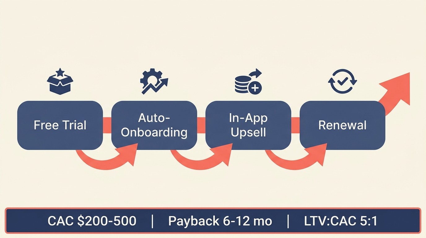 SMB growth motion with self-service acquisition, low-touch onboarding, and automated expansion