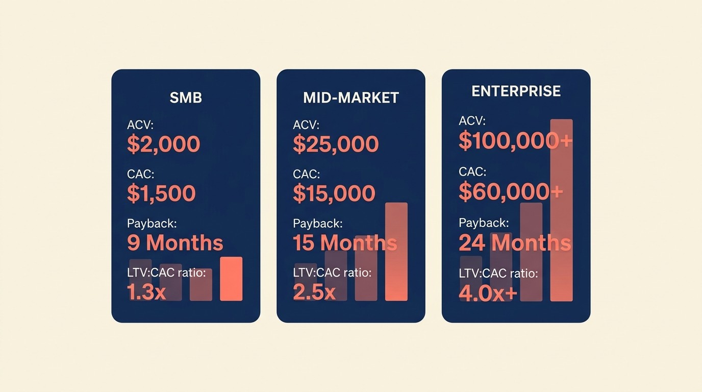 Unit economics comparison showing CAC, LTV, and profitability thresholds across SMB, mid-market, and enterprise