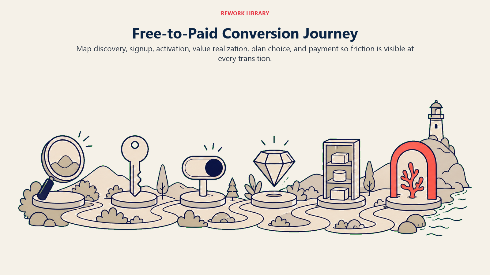 Free-to-Paid Conversion Journey illustrated with a six-stage free-to-paid route in Rework editorial style
