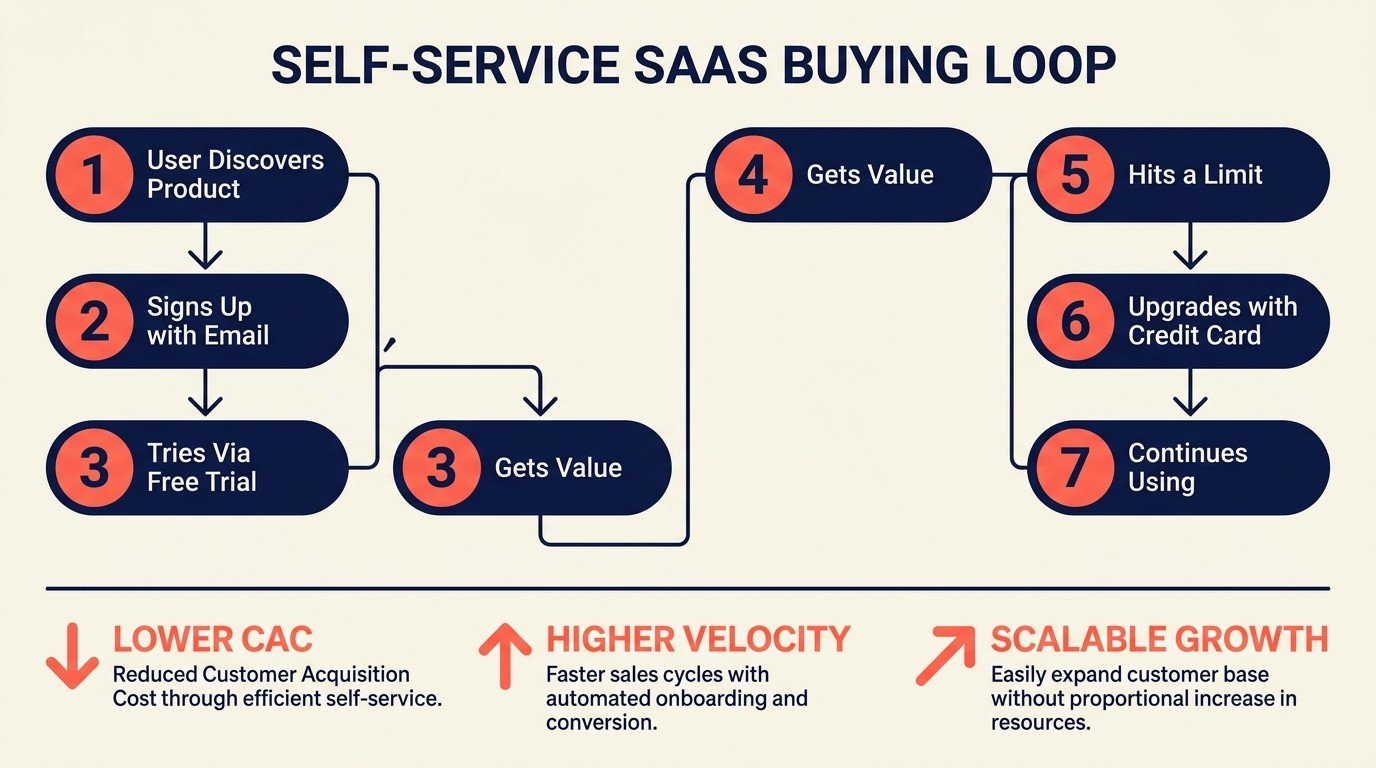 Self-service SaaS model flow from signup to paid conversion