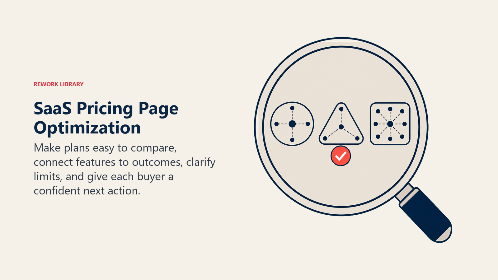 SaaS Pricing Page Optimization illustrated with a clarity lens revealing three distinct plan objects in Rework editorial style