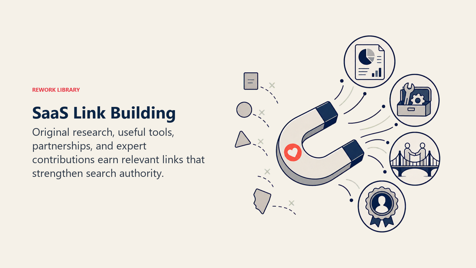 SaaS Link Building shown as authority magnet in a Rework Library editorial illustration