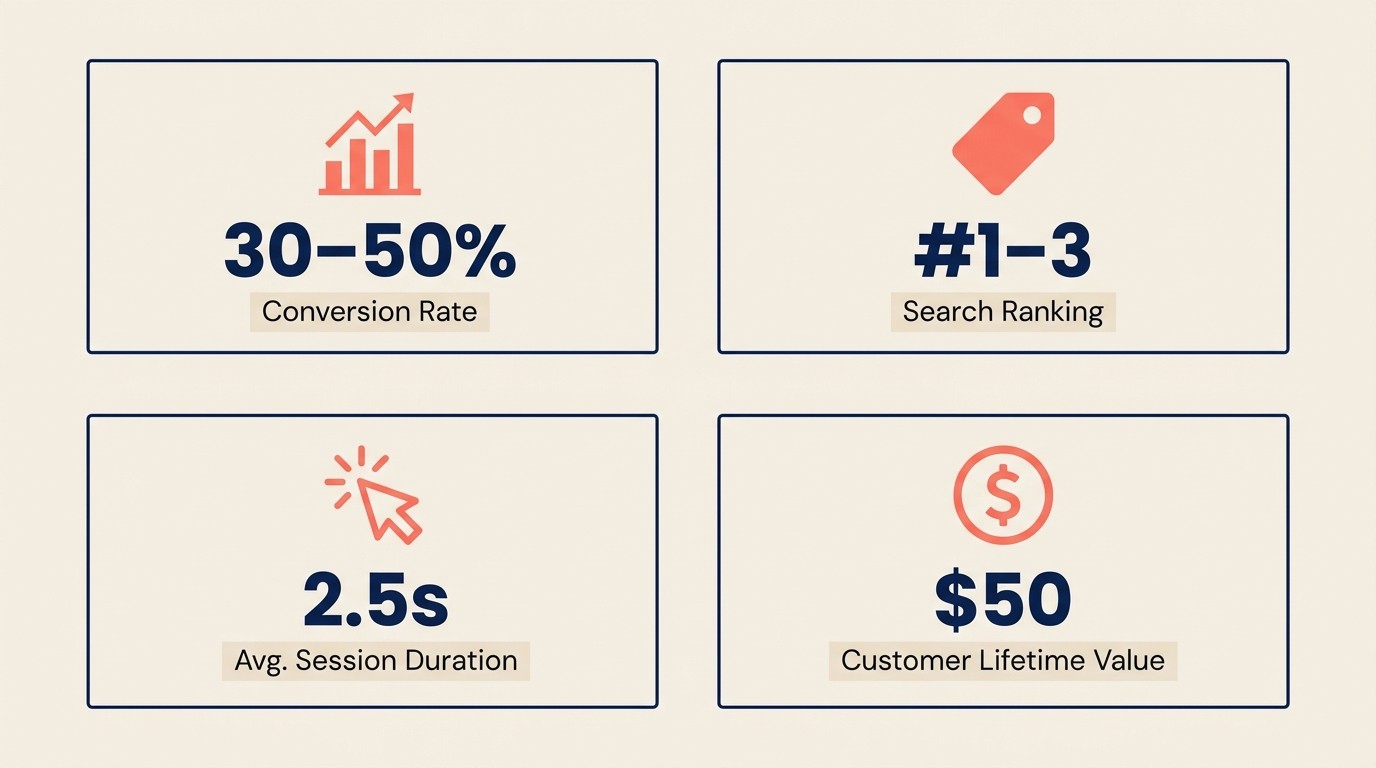 SEO metrics dashboard tracking traffic, rankings, conversions, and revenue