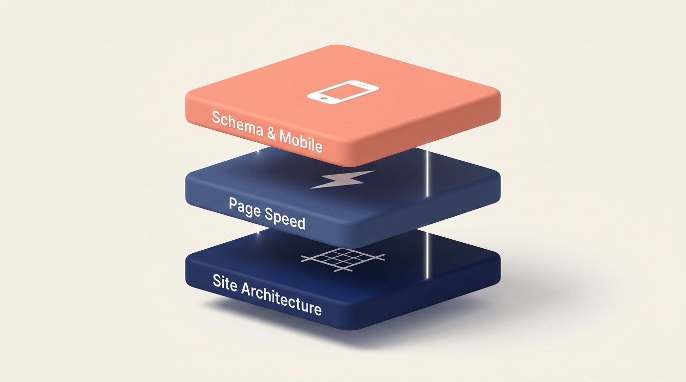 Technical SEO foundation showing site architecture, speed, mobile, and schema