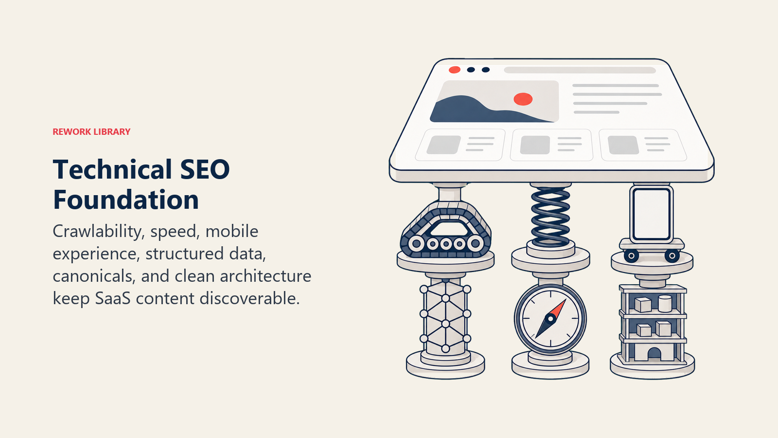Technical SEO Foundation shown as website foundation platform in a Rework Library editorial illustration