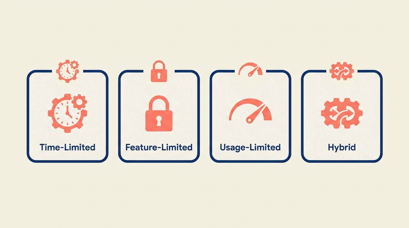 Comparison of time-limited, feature-limited, usage-limited, and hybrid trial structures