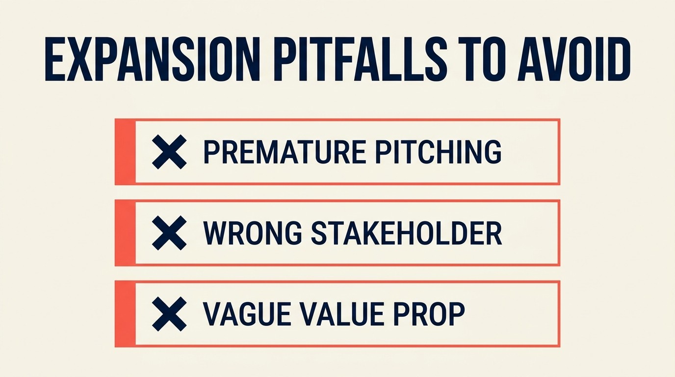 Common expansion pitfalls: premature pitching, wrong stakeholders, unclear value propositions