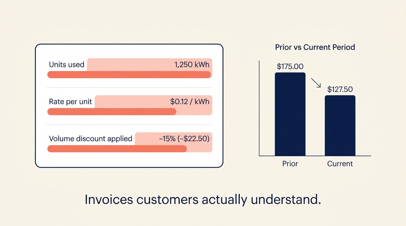 Usage-based billing operations and invoice clarity components