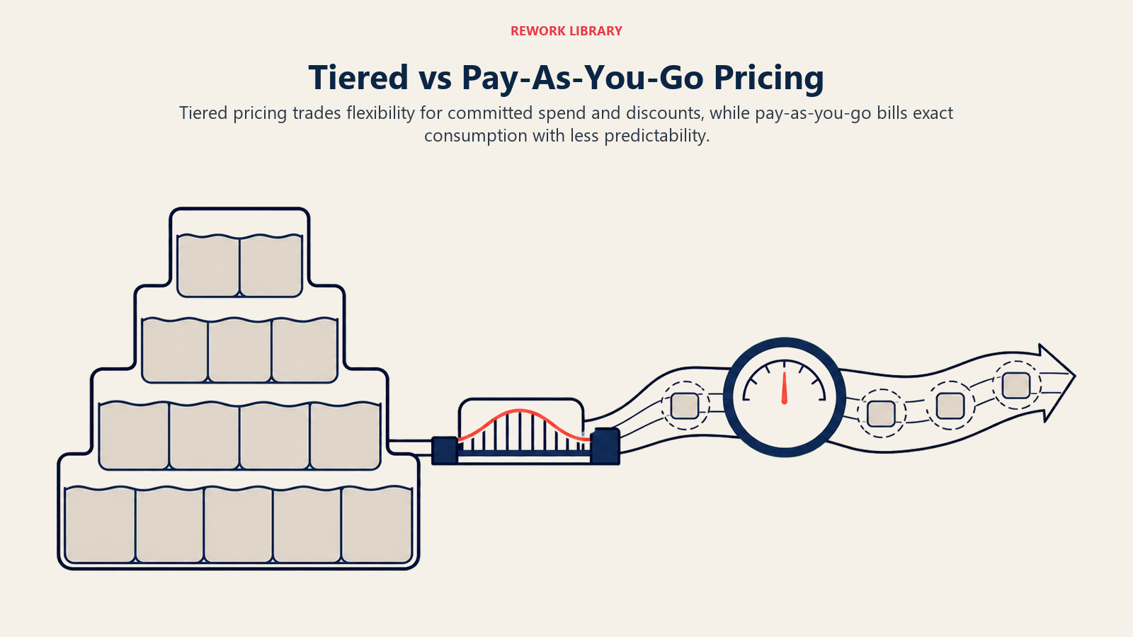 Tiered versus pay-as-you-go pricing compared as bundled capacity and exact metered consumption