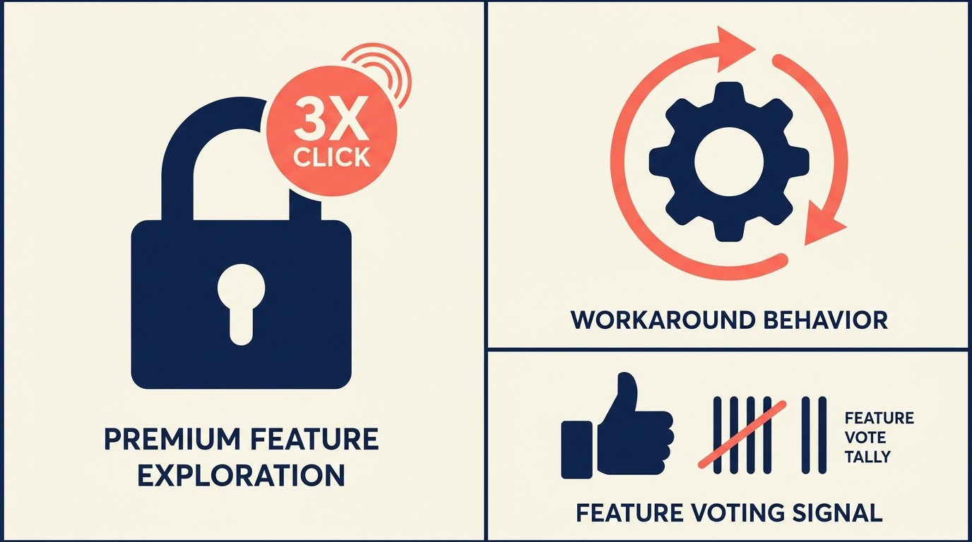 Feature exploration triggers indicating power users ready for premium plan upgrades