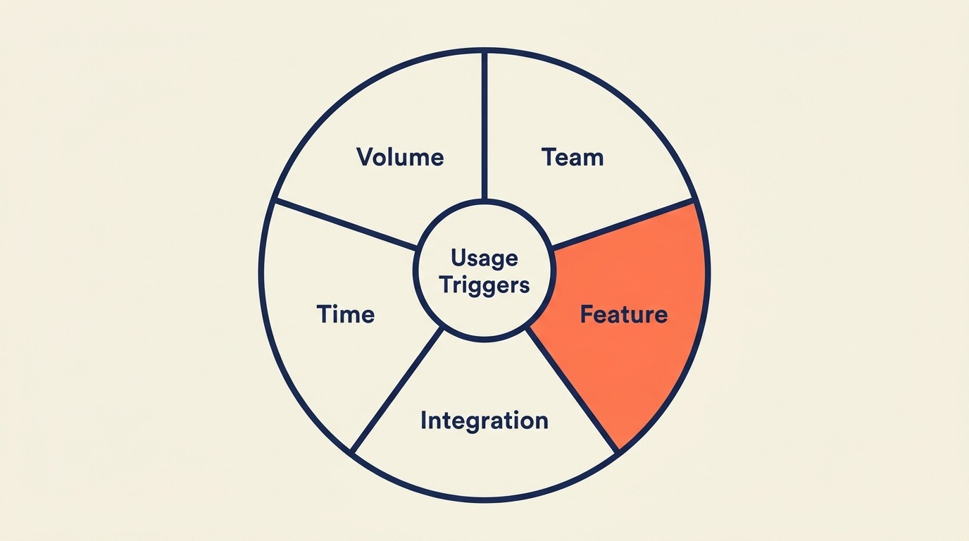 Five categories of usage-based sales triggers: volume, feature, team, integration, and time-based signals