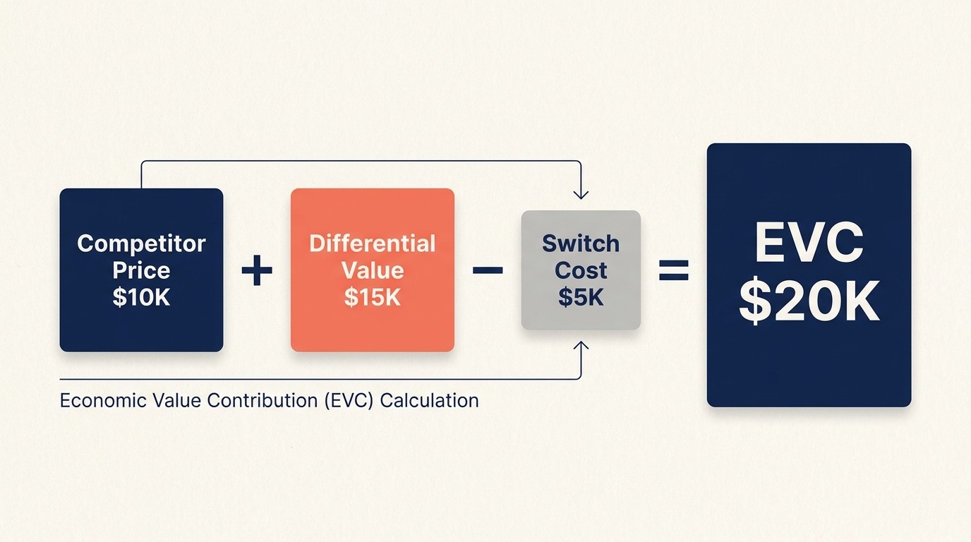 Economic value to customer EVC formula breaking down alternative price differential value and switching costs