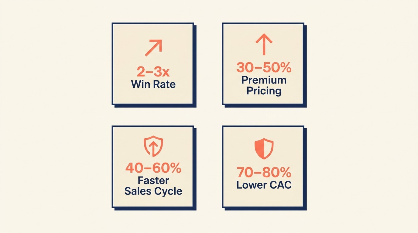Competitive advantages of vertical SaaS showing higher win rates premium pricing and shorter sales cycles