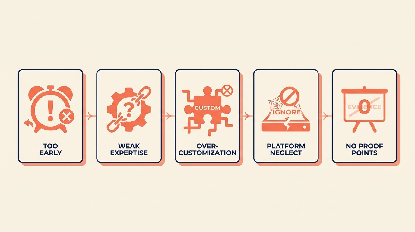 Common vertical strategy pitfalls including premature specialization and over-customization