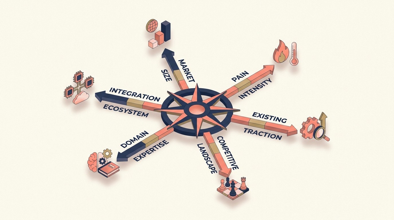 Vertical market selection criteria including market size pain intensity and competitive landscape