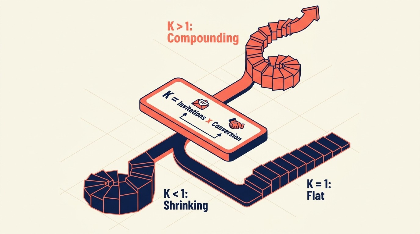 K-factor viral coefficient formula breaking down invitations, conversion rate, and compounding growth
