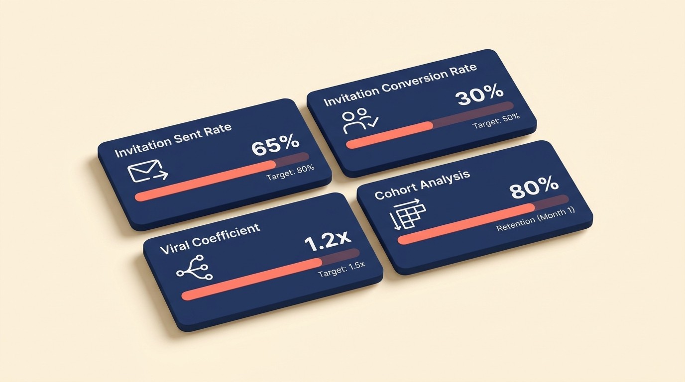 Viral growth measurement framework tracking invitation rate, conversion, K-factor, and cohort analysis