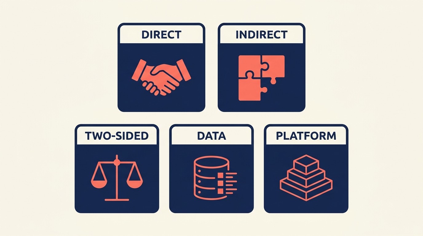 Five types of network effects that drive SaaS growth: direct, indirect, marketplace, data, and platform