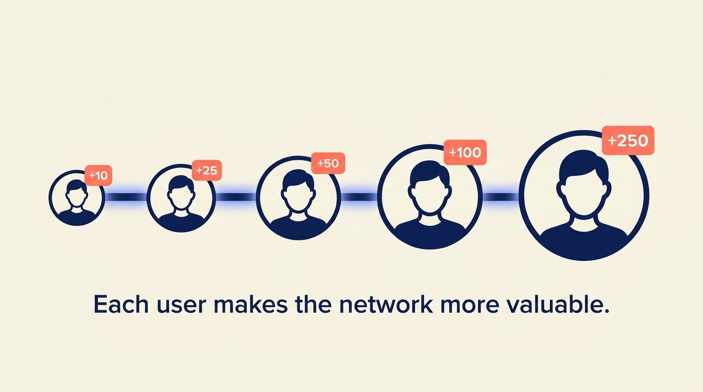 Network effect value loops showing how each new user increases product value for all users