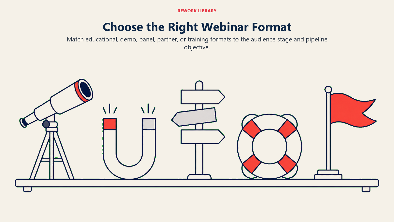 Choose the Right Webinar Format illustrated with five distinct stage props arranged on a wide studio shelf, each serving a different audience journey purpose