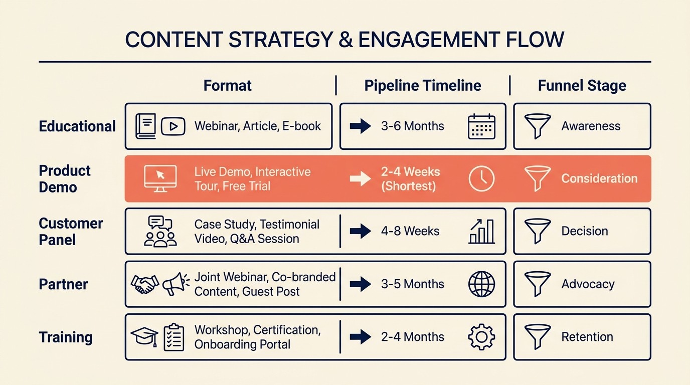 Five webinar program formats mapped to pipeline objectives and buyer journey stages