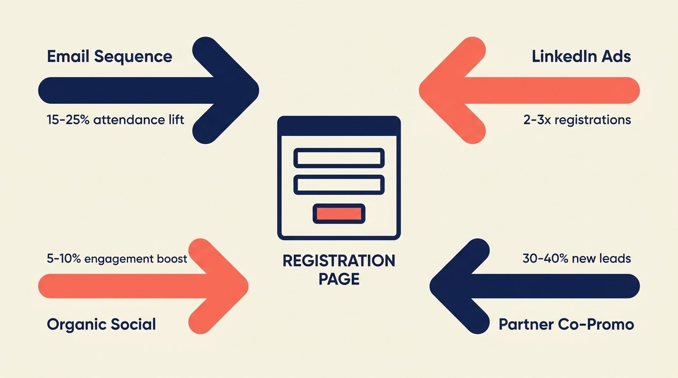 Multi-channel webinar promotion mix across email paid social organic and partner channels