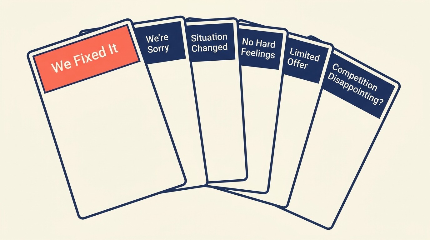 Win-back messaging frameworks including we fixed it, we are sorry, and situation changed approaches