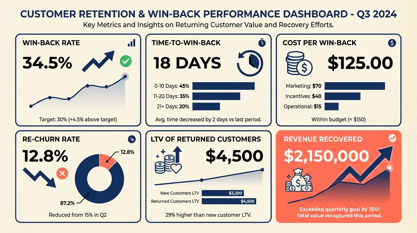 Win-back success metrics including win-back rate, time-to-win-back, cost per win-back, and re-churn rate