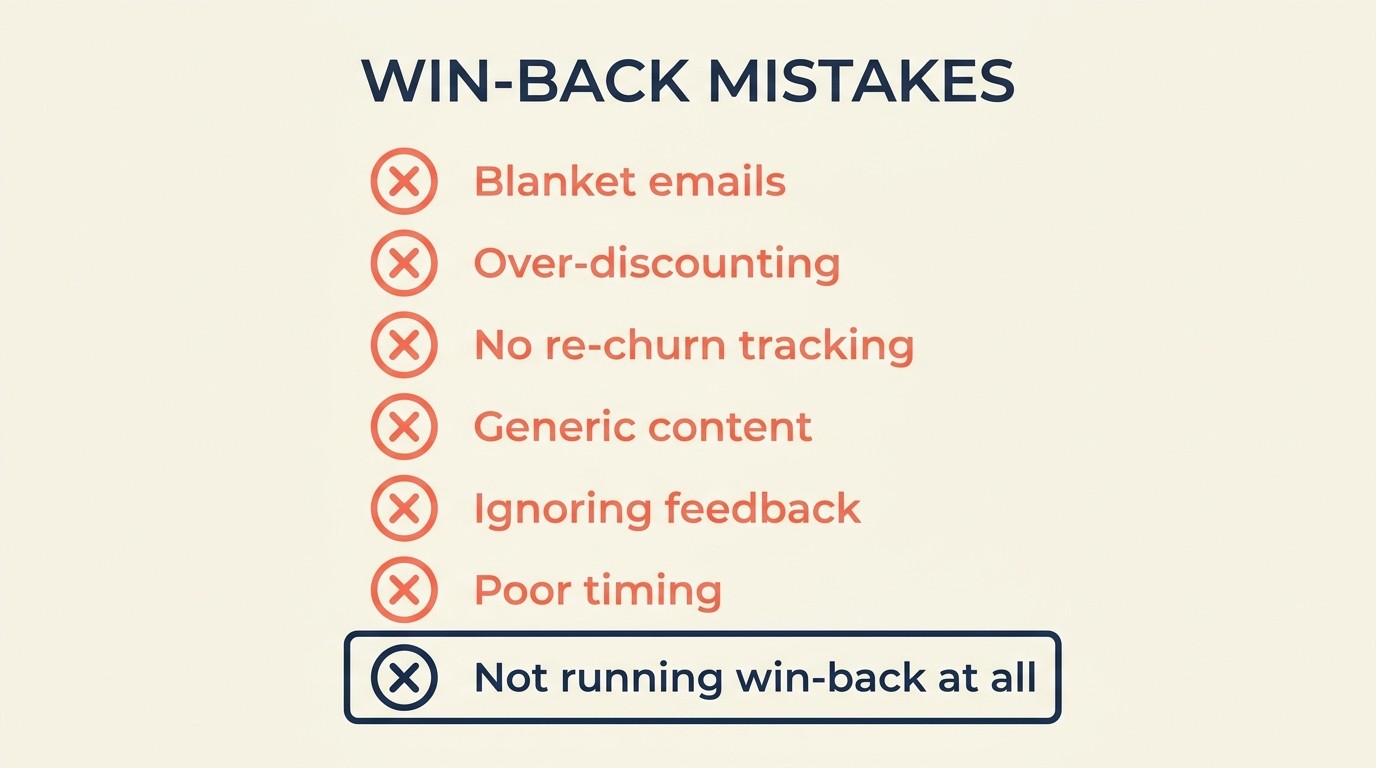 Common win-back mistakes including blanket outreach, over-discounting, and ignoring original churn reasons
