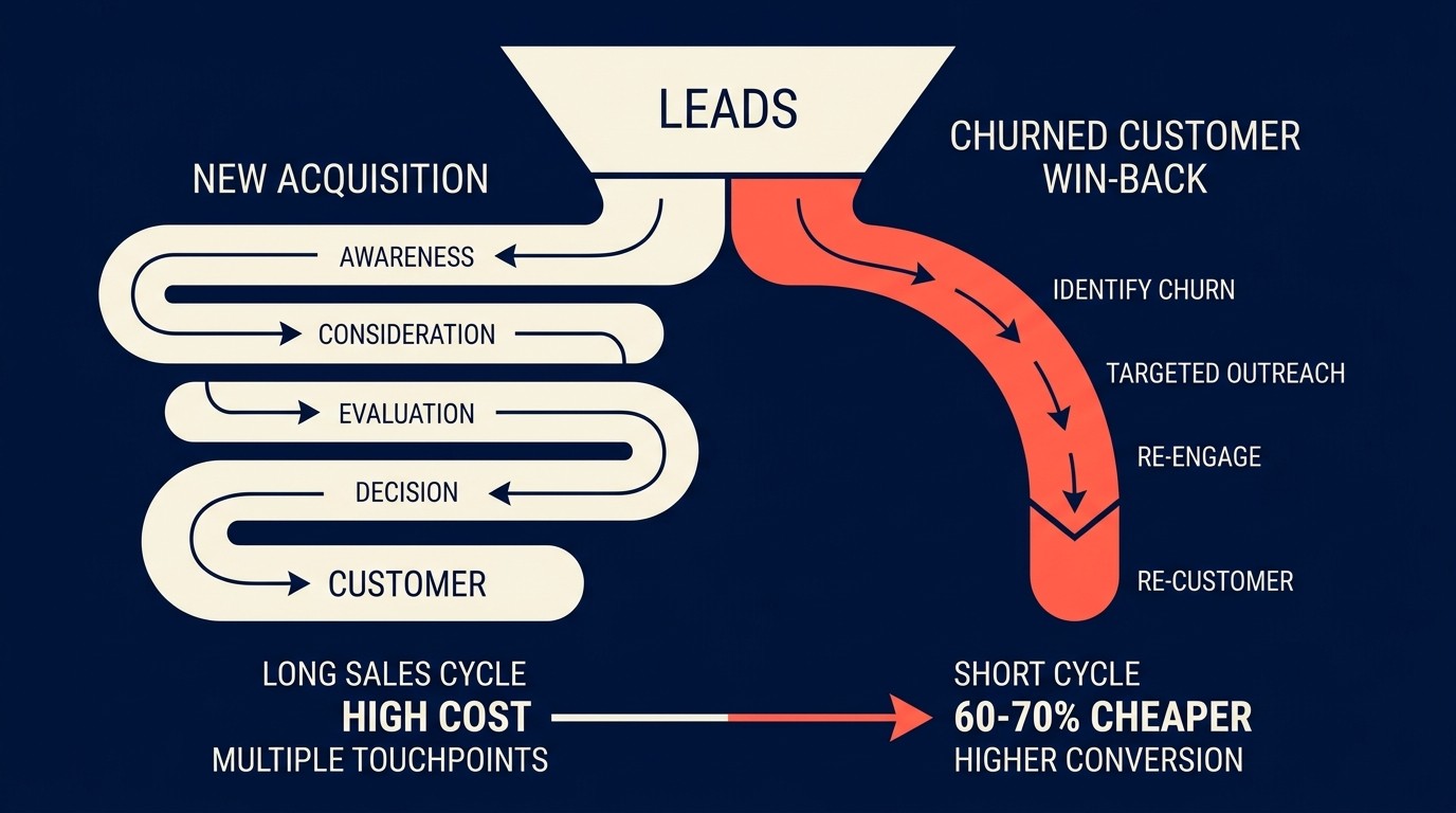 Win-back opportunity showing churned customers as high-value acquisition channel with 60-70% lower cost